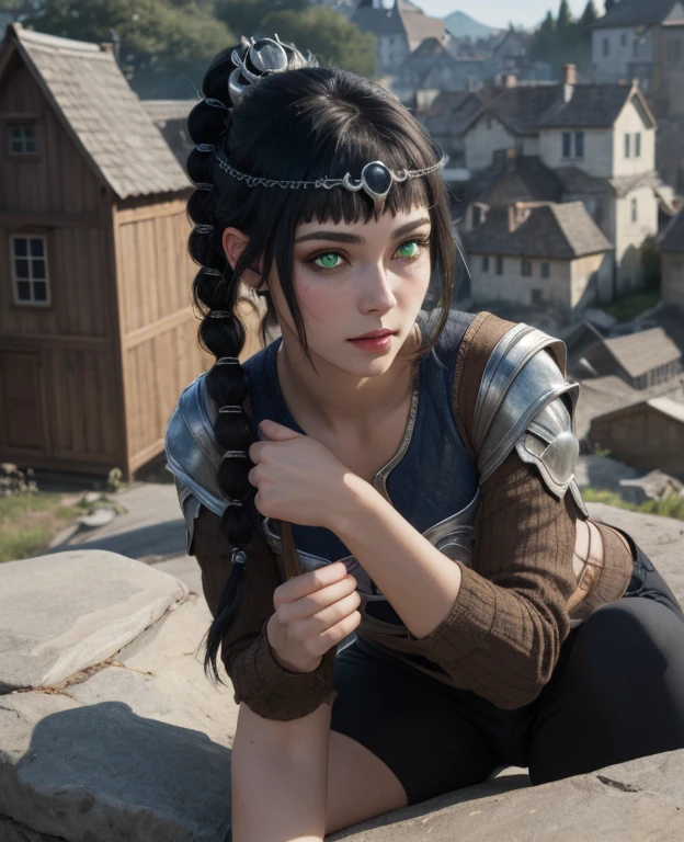 (masterpiece, best quality), 1girl, shadowheart, black hair, braided ponytail, green eyes, circlet, black pants, closeup, sketch, looking at viewer, ((green eyes)),(fantasy village on background),