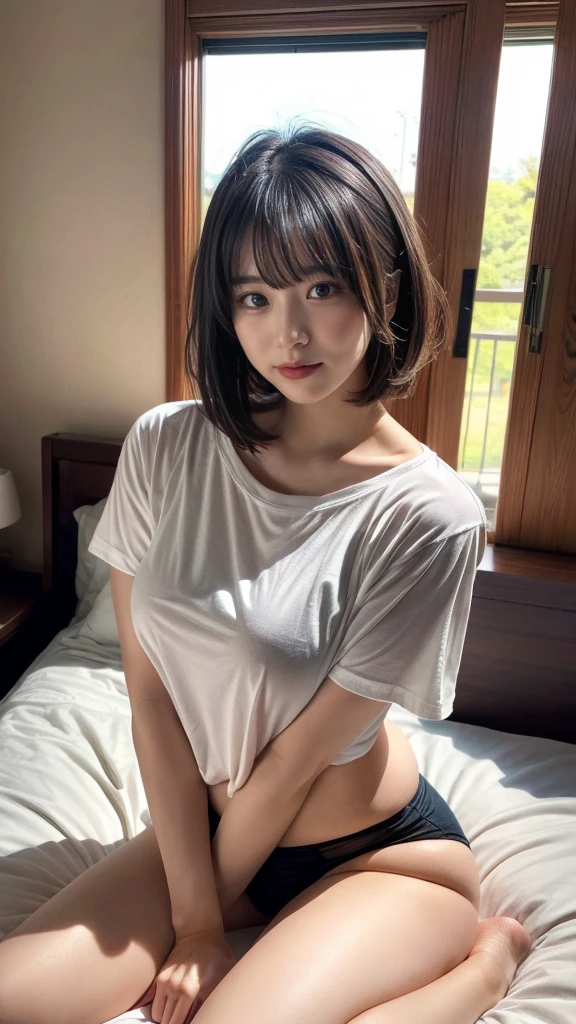 masterpiece, best quality, illustration, Super detailed, fine details, High resolution, 8K,wall paper, perfect dynamic composition,(Details High quality, realistic depiction of eyes:1.3), Oversized White T-shirt, Erotic Shorts, short bob hair, black hair color, Big Natural Color Lip, bold sexy pose, (perfect body shape), crying a little、Harajuku style、20 year old girl、cute type、lolita、beautiful legs, hotel room, hposing Gravure Idol, Voluptuous thighs, (woman on top, straddling, sitting)