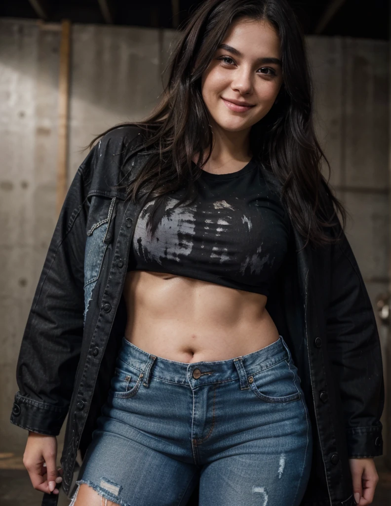 RAW 16k best quality, masterpiece, realistic, ultra detail, photo realistic, I close up 21 yo girl, black mess hair. Wearing all size black t-shirt and denim jacket, smiling, show big thigh, plump body, perfect body, perfect face, standing infront of dark background
