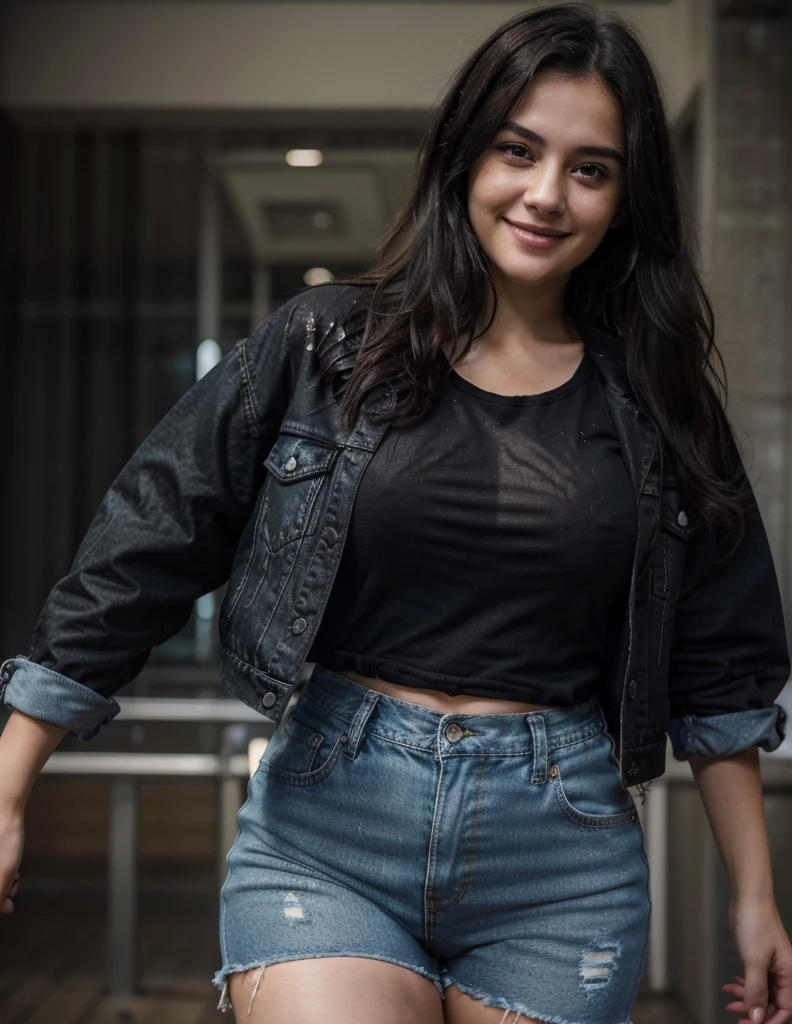 RAW 16k best quality, masterpiece, realistic, ultra detail, photo realistic, I close up 21 yo girl, black mess hair. Wearing all size black t-shirt and denim jacket, smiling, show big thigh, plump body, perfect body, perfect face, standing infront of dark background