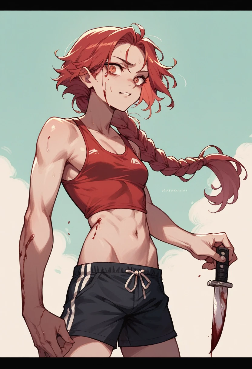 Our character has red hair and braided hair and blood streaks and a knife in his hand and a swimsuit and black shorts and in the background a scary park