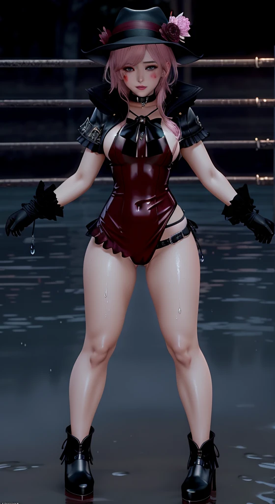 Kate Denson from Dead by Daylight, 1 Girl, Full body, standing, cowboy shot, Best quality, Ultra Detail, 8K, Ultra high realistic, Detailed face, Masterpiece, (Blushing:1.3), Milf, , Wet skin, Wet in miss V, Oil skin, Ahegao face, climax horny girl, Big thighs, Cropped shoulders, Choker, Hot Pants, Dark Gothic Makeup, Blade and soul, Final fantasy 14 style, Wet, big thighs, (Naked:1.3), no clothes, beautiful breasts,body details, breast details, vagina details