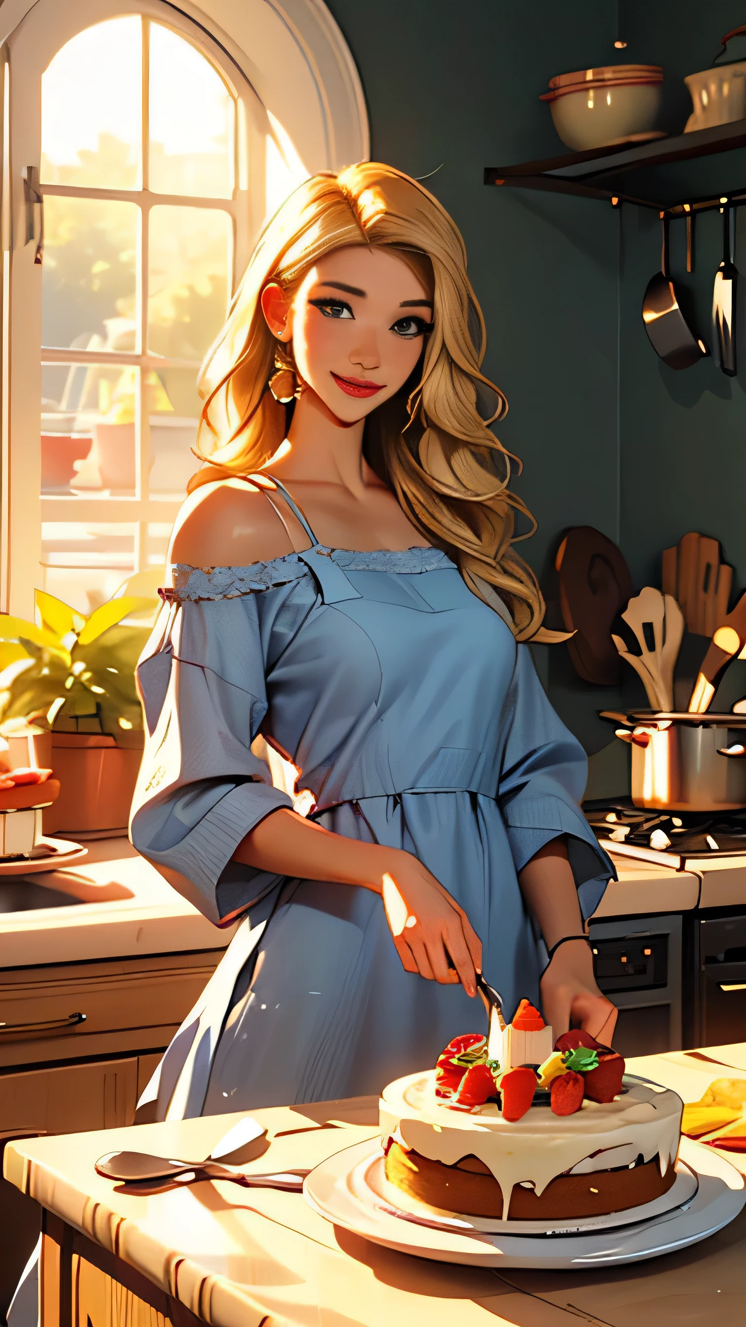 Delicate and beautiful CG art),(highest quality, Very detailed, High resolution),(Dynamic Angle, Dynamic Lighting),(One character),(Long blonde hair), purple eyes, Beautiful Face), 1 girl, (Long sideburns, plant, smile, long blue dress, kitchen, cooking, cake