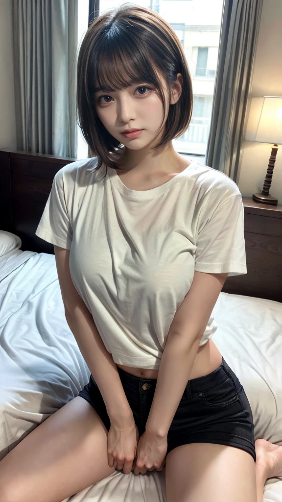 masterpiece, best quality, illustration, Super detailed, fine details, High resolution, 8K,wall paper, perfect dynamic composition,(Details High quality, realistic depiction of eyes:1.3), Oversized White T-shirt, Erotic Shorts, short bob hair, black hair color, Big Natural Color Lip, bold sexy pose, (perfect body shape), crying a little、Harajuku style、20 year old girl、cute type、ta、beautiful legs, hotel room, hposing Gravure Idol, Voluptuous thighs, (woman on top, straddling, sitting)