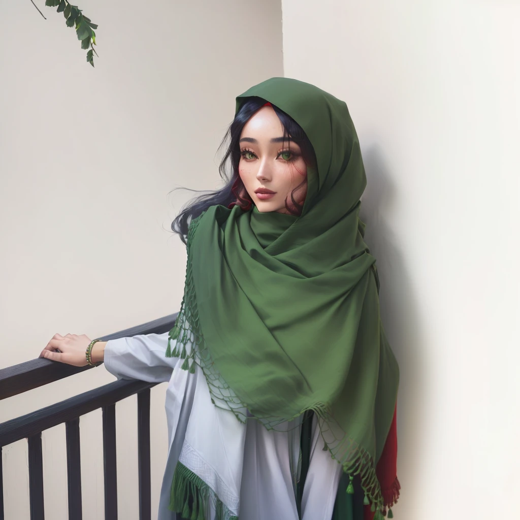 arafed woman in a red scarf standing on a balcony, hijab, olive red, shawl, inspired by Nazmi Ziya Güran, ( ( dark green, by Ren Renfa, dark green, geeen skin, long hair shawl, inspired by Shaddy Safadi, olive, pastel green, greenish tinge, muira, inspired by Bernardino Mei