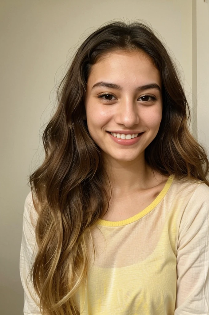 20YO, small nose, one women,attractive, Jordanian, Arab, Bright Yellow shirt, cute smile, cute face, white teethes, skinny face, light brown eyes, black/blonde long hair, modest