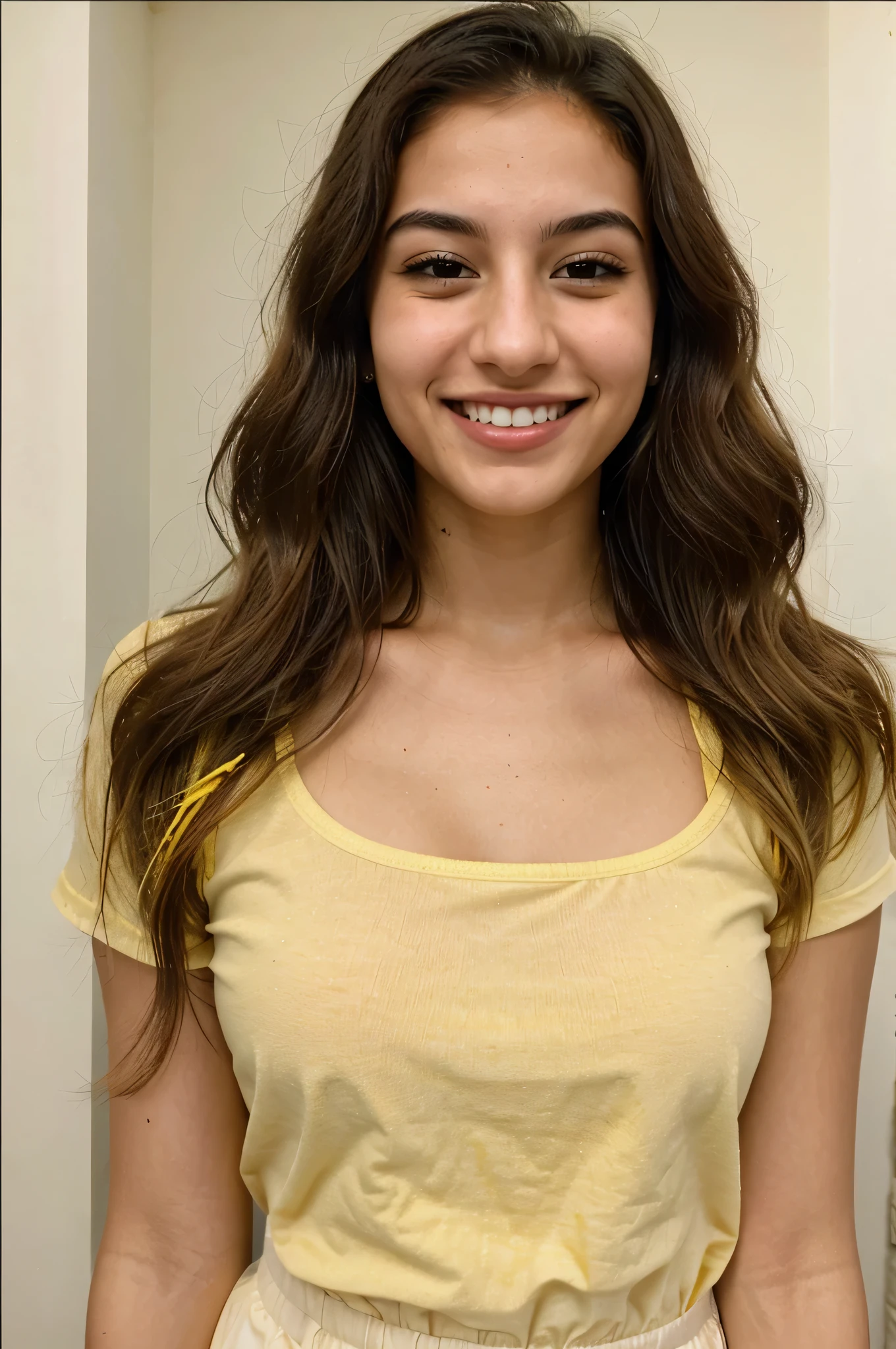 20YO, small nose, one women,attractive, Jordanian, Arab, Bright Yellow shirt, cute smile, cute face, white teethes, skinny face, light brown eyes, black/blonde long hair, modest