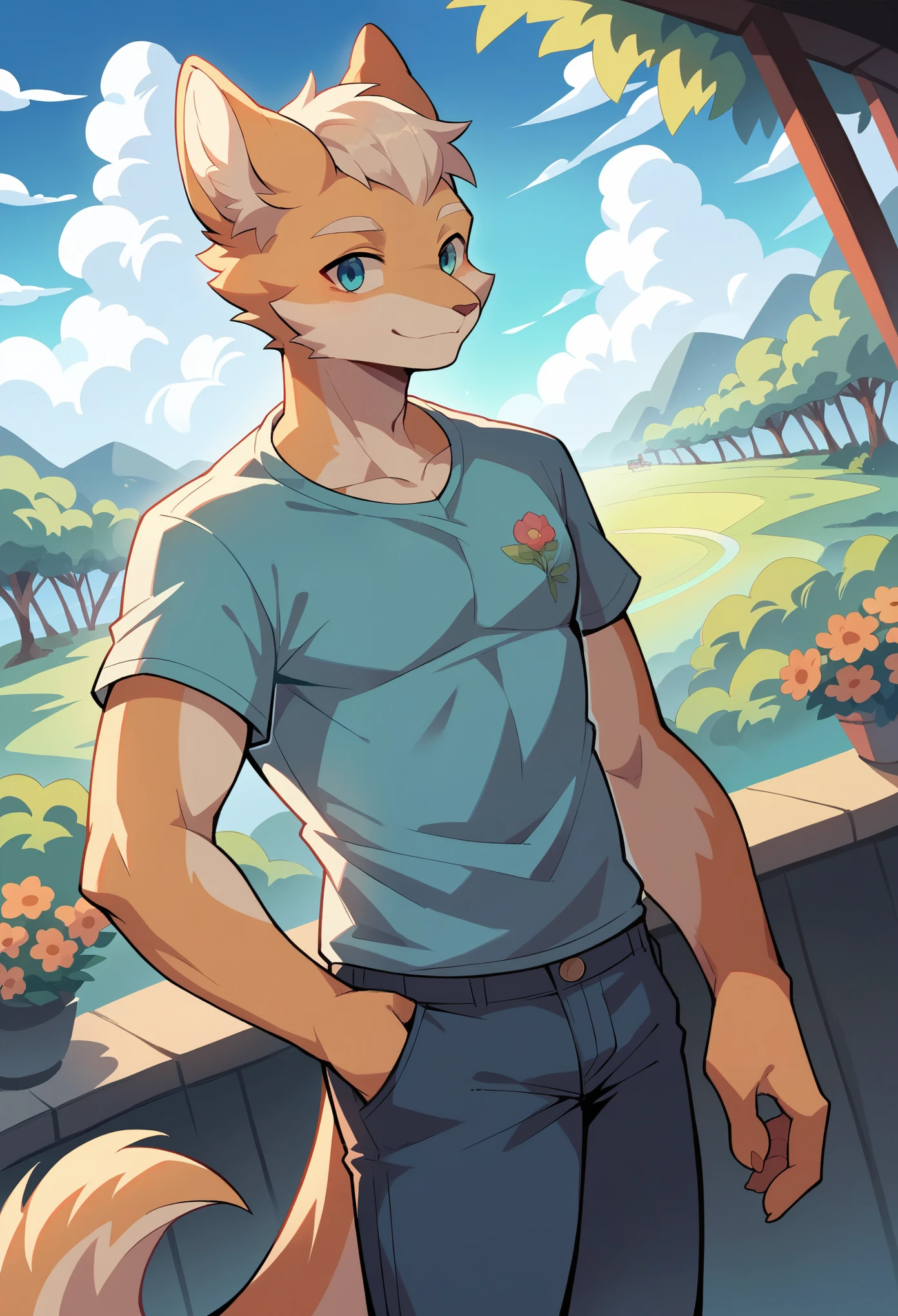 top quality, highres, High-quality illustrations, unparalleled masterpiece(movie of life)farm, Blue sky, clouds, florals Beautiful garden(furry anthro, solo, boy, casual fashion, Relux pose, Smile)absurdres, perfect anatomy, anime style, dynamic angle,