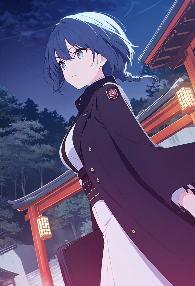 One Girl,azure hair,Hairstyle: braided ponytail, pale blue eyes,Medium chest,Dynamic Angle),Japanese shrine with night background,Black coat、Black suit、Black tie、Black gloves