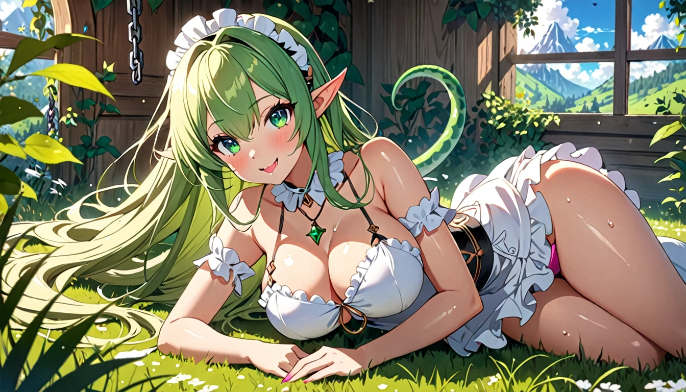 Anime-style, highly detailed, 4K quality, beautiful green-haired elf girl, lying on grass, blue sky, white fluffy clouds, vibrant summer day, outdoor fantasy setting, long flowing hair, emerald green eyes, intricate white outfit, delicate collar necklace with pendant, warm smile, playful pose, relaxing in a picturesque meadow, gentle sunlight, detailed background, lush greenery, serene atmosphere, soft shadows, intricate character design, realistic textures, high-definition, artistic, vibrant colors, captivating composition, stunning visual quality, Create an anime-style illustration of a bedroom scene with two characters. The first character is a female humanoid demon girl with a mix of human and dinosaur features, including scales, claws, and a tail. She has blonde hair with spiky tips and purple eyes, and she is wearing a pink bikini. Her tongue is extended, and she appears playful. The second character is a surprised young man with teal hair, lying on a bed, looking up at the demon girl. The room is bright and well-lit, with a window in the background letting in sunlight. Emphasize the humorous and light-hearted interaction between the two characters. body on big chain, smile, blue eyes, no nails, pink blushes, lying on grass, very big breast, cleavage, wet breast, leg_up, lot of iron chains, anime girl leans forward, looking at viewer, slave collar necklace seductive anime girl, 8k octae render photo, cushart krenz key art feminine, 8k high quality detailed art, a sexy maid in a magical forest, anime girl with big breast laying on a bed in a room, anime goddess, seductive anime girl, ahegao, beautiful alluring anime woman, extremely detailed artgerm, trending on cgstation, white haired deity, oppai, from the azur lane videogame, 8k high quality detailed art, 8k anime, | fine detail anime, smooth anime cg art