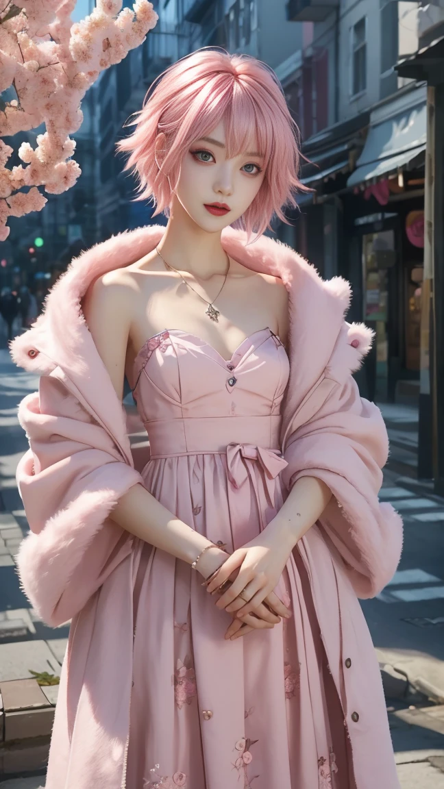 masterpiece, top-quality, ((1womanl)), different pink color, finely eye and detailed face, intricate detailes, Casual black and pink attire, window, A smile, Happiness, tenderness, high-level image quality、selfee, Beautuful Women、tall、a small face, D-cups, The upper part of the body、nightfall, nighttime scene、𝓡𝓸𝓶𝓪𝓷𝓽𝓲𝓬、Korea person, Idol Photos, Model photo, k pop, Professional Photos, Vampires, Korean fashion in black and pink, Fedoman with necklace, inspired by Sim Sa-jeong, androgynous vampire, :9 detailed face: 8, extra detailed face, detailed punk hair, ((eyes are deialed)) baggy eyes, Seductive. Highly detailed, semi realistic anime, Vampires, hyperrealistic teen, Delicate androgynous princess, imvu, ((short hair woman)), pink hair woman with wild look, ((Woman with short pink hair)), ((1 persons)),