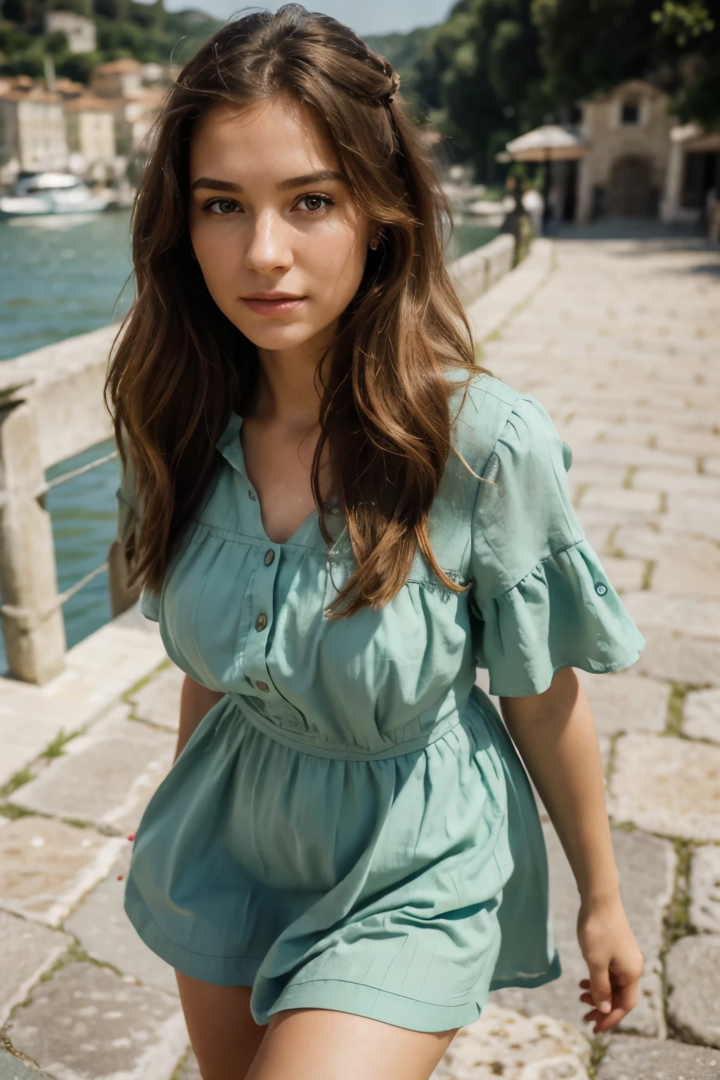 portrait of woman SavannahBrown, looking at viewer, highly detailed, film grain, 35mm photograph, professional, 4k, highly detailed, high quality, realistic, natural lighting, detailed facial features, elegant hairstyle, warm colors, cinematic, photorealistic, cute girl, girl in a green summer dress walks along the stone embankment along the Adriatic Sea