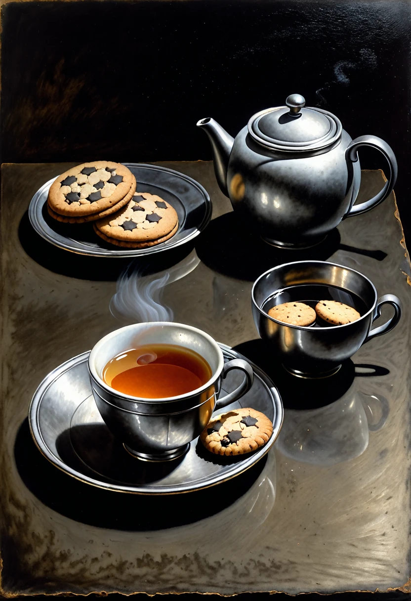 Single cup of tea. very subtle and mild steaming. Three cookies placed nearer it. Fresco style on metal, using charcoal, of mezzotint printing.