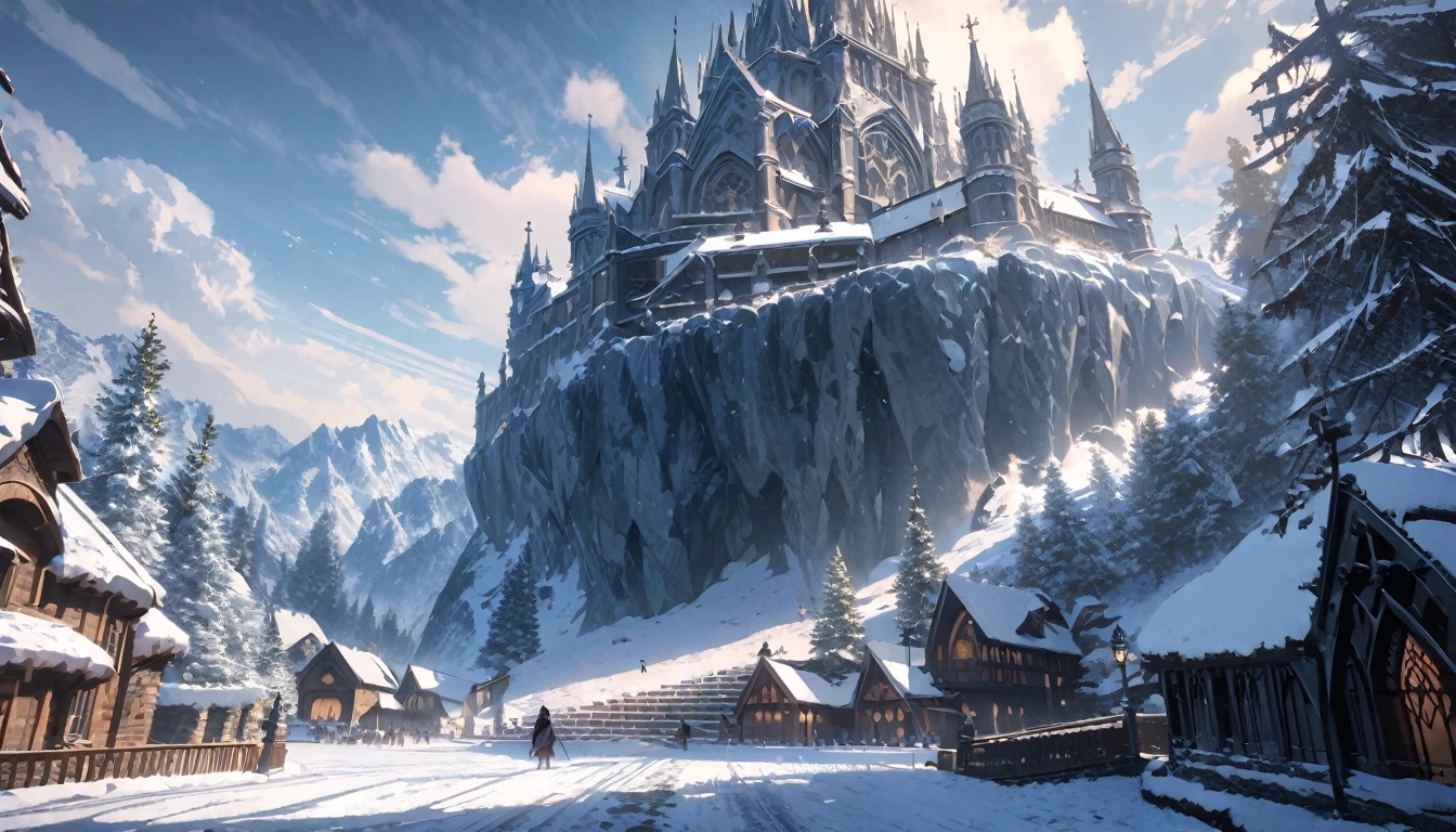  anime aestetic, winter time, icy canion, huge wide tree growing out of the horizontal wall, view from the rope bridge, gothic church on the top of the canion, snow falling, fantasy landscape, skies covered with grey clouds, perspective, atmospheric perspective, wide shot, 4K, 8k, highres, best quality, high quality, award winning, super detail, accurate, masterpiece, UHD
