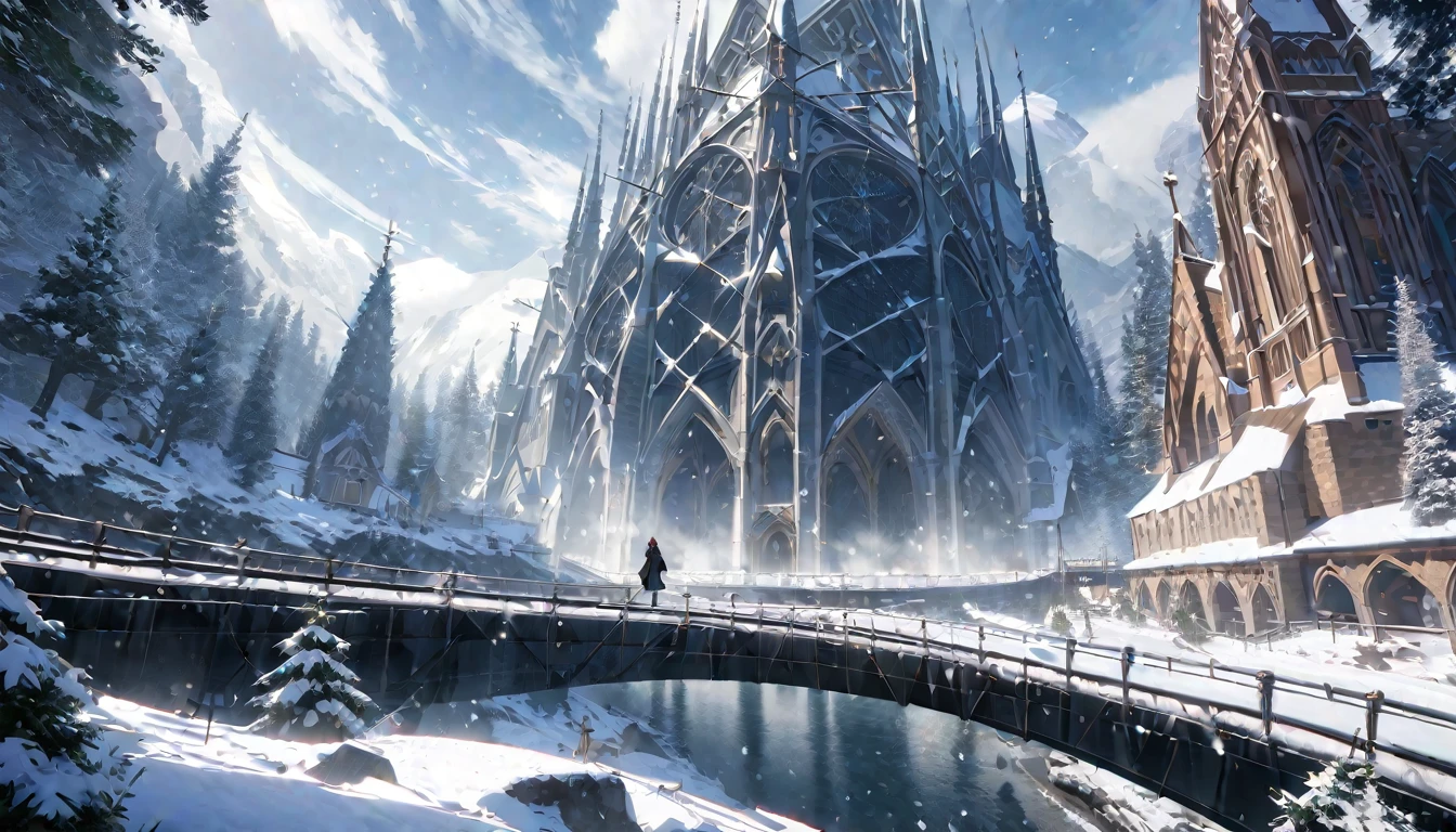 anime aestetic, winter time, icy canion, huge wide tree growing out of the horizontal wall, view from the rope bridge, gothic church on the top of the canion, snow falling, fantasy landscape, skies covered with grey clouds, perspective, atmospheric perspective, wide shot, 4K, 8k, highres, best quality, high quality, award winning, super detail, accurate, masterpiece, UHD