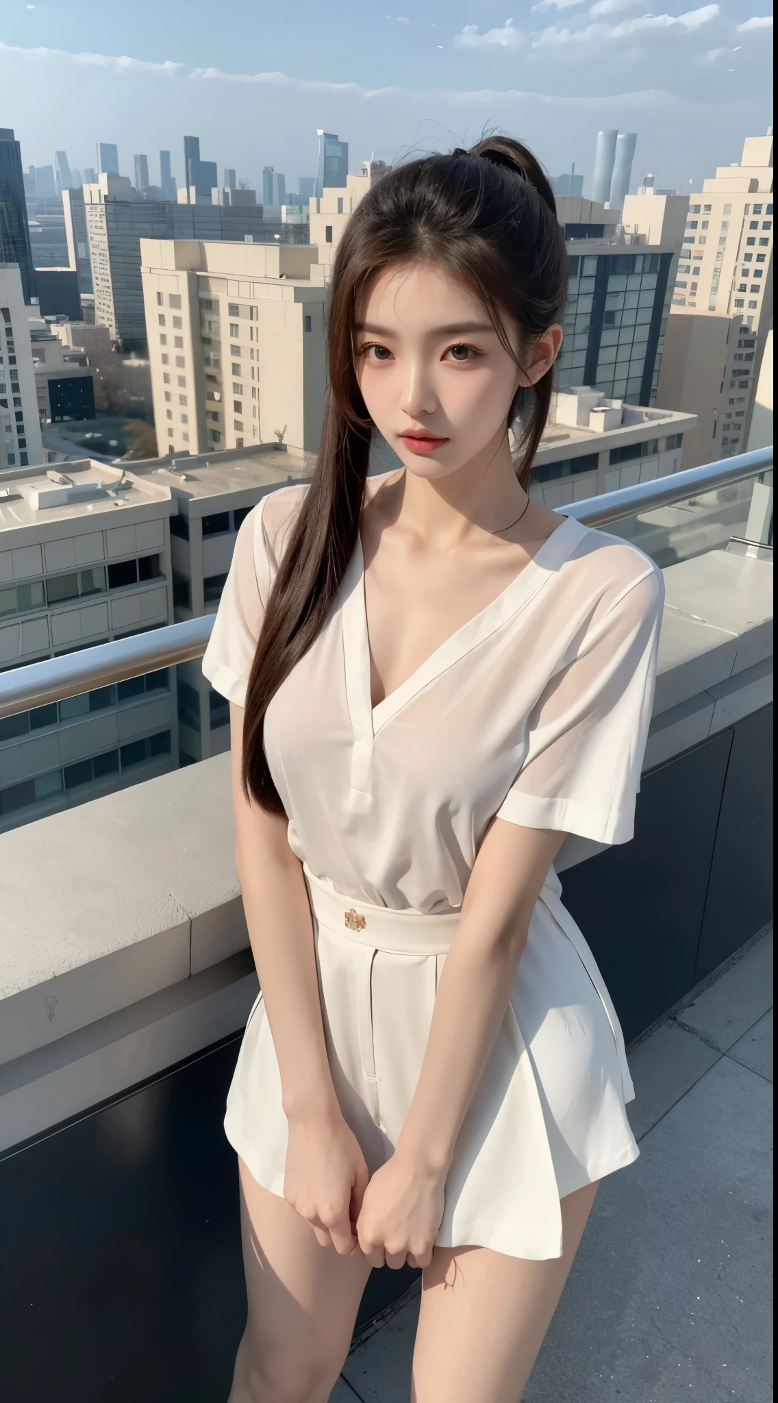 1 person only, 8K RAW photos, 22-year-old Korean model ,167cm, slim body , perfect breasts ,fair skin, soft body, masterpiece blouses, eyes beautiful in detail, beautiful double eyelids, slit eyes, long ponytails, standing in a skyscraper rooftop