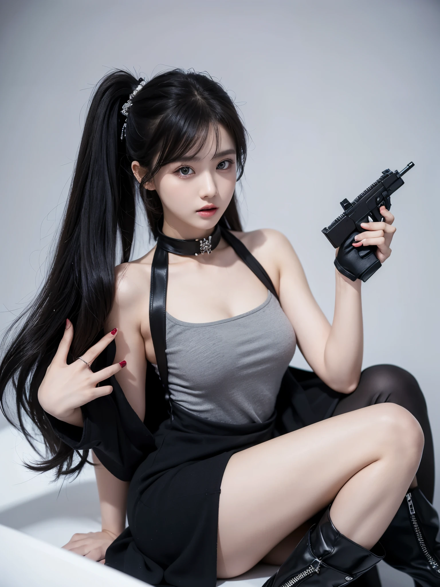 Beautiful woman wearing a black grey mini dress with decorations on the shirt and visible shoulders and wearing boots and being photographed with a white background Dan was on top of the car holding a gun, Korean style swag, beautiful face so gorgeous, Beautiful eyes, y2k style