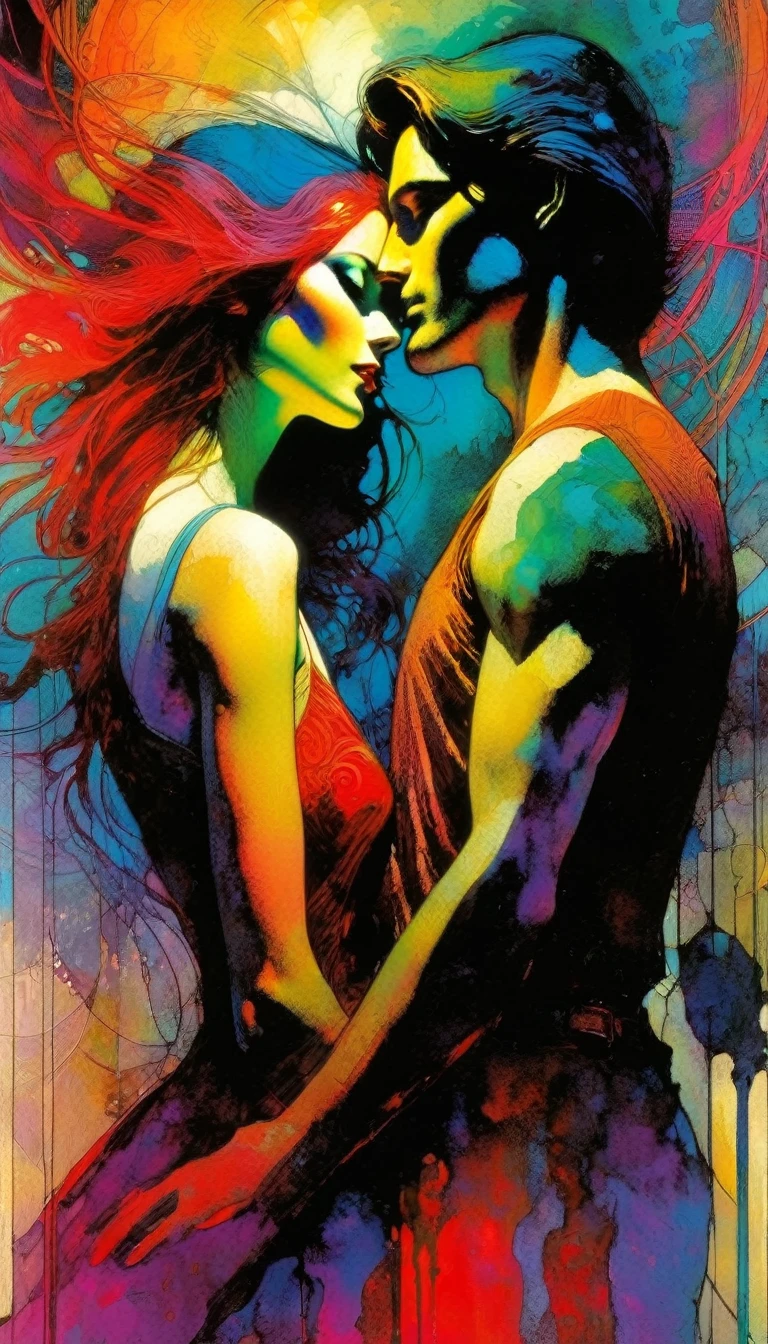 the lovers, artwork inspired by Bill Sienkiewicz, vivid colors, intricate details, oil.
