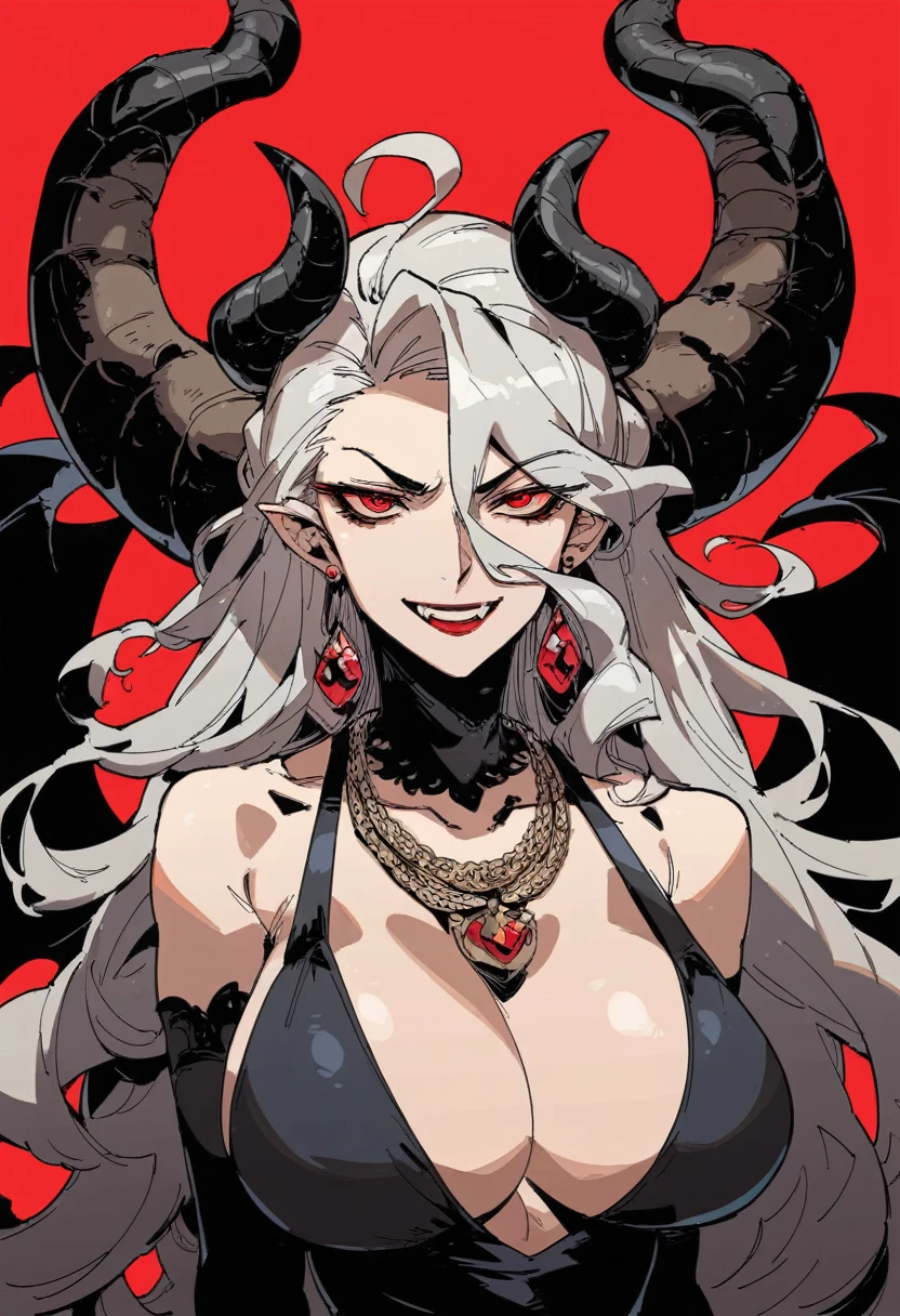 hds style, woman, 27 years old, very long blond hair, hair combed back, tall, hourglass body shape, big breast, demonic horns, wearing black evening dress, black evening long gloves, peark necklace, looking from top of the mountain, red sky, sligh smile