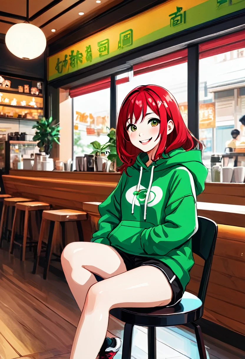 Pretty asian woman, bright red hair, black shorts and a green hoodie, cute, sitting in a big chair. Anime style, coffee shop environment, pretty smile