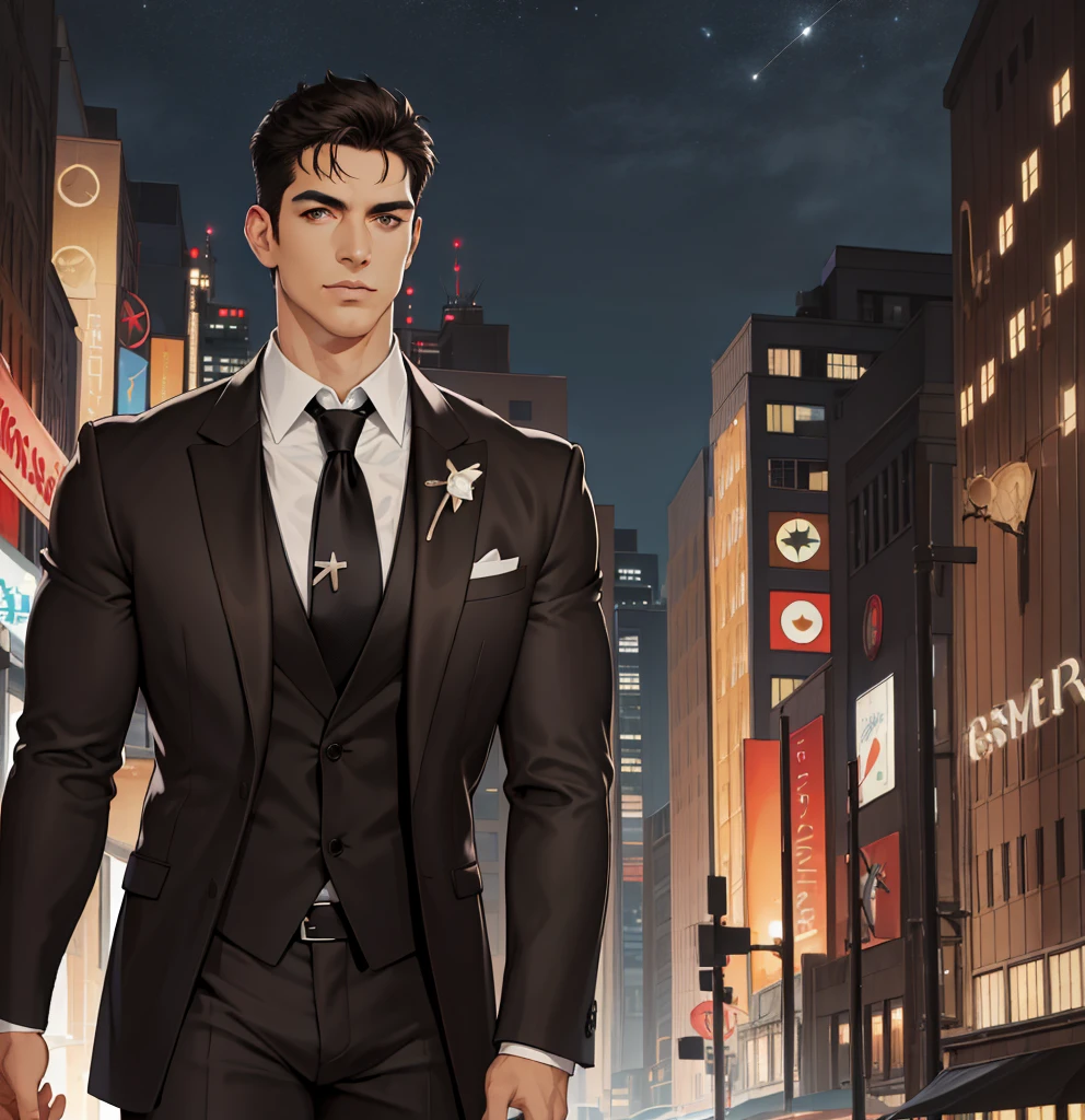 (absurdres, highres, ultra detailed, realistic, ), 1 male, solo, adult, mature, tall muscular guy, broad shoulders, handsome, very short hair, black hair, brown eyes, angular jaw, thick neck, thick eyebrows, night, dark, the night view of the city background, formal suit, necktie, upper body