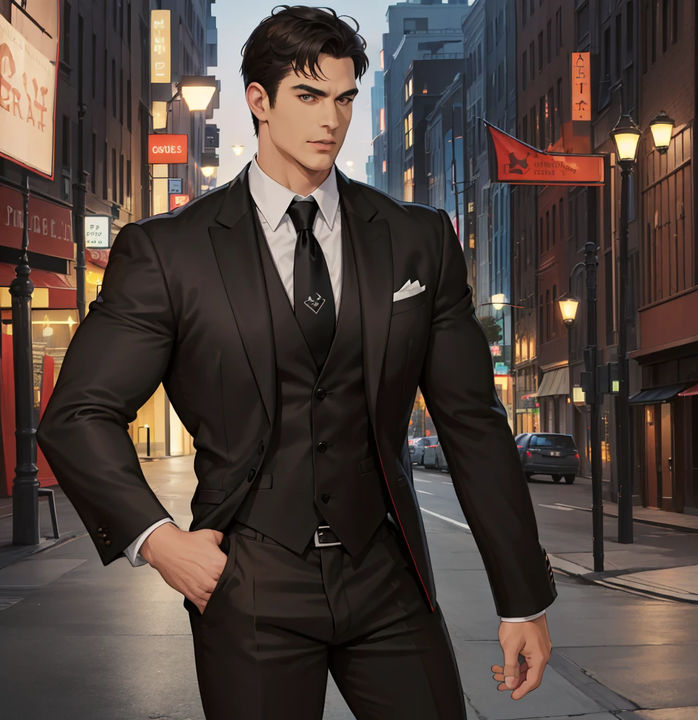 (absurdres, highres, ultra detailed, realistic, ), 1 male, solo, adult, mature, tall muscular guy, broad shoulders, handsome, very short hair, black hair, brown eyes, angular jaw, thick neck, thick eyebrows, night, dark, the night view of the city background, formal suit, necktie, upper body