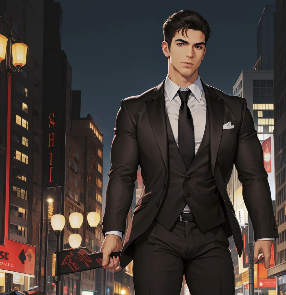 (absurdres, highres, ultra detailed, realistic, ), 1 male, solo, adult, mature, tall muscular guy, broad shoulders, handsome, very short hair, black hair, brown eyes, angular jaw, thick neck, thick eyebrows, night, dark, the night view of the city background, formal suit, necktie, upper body
