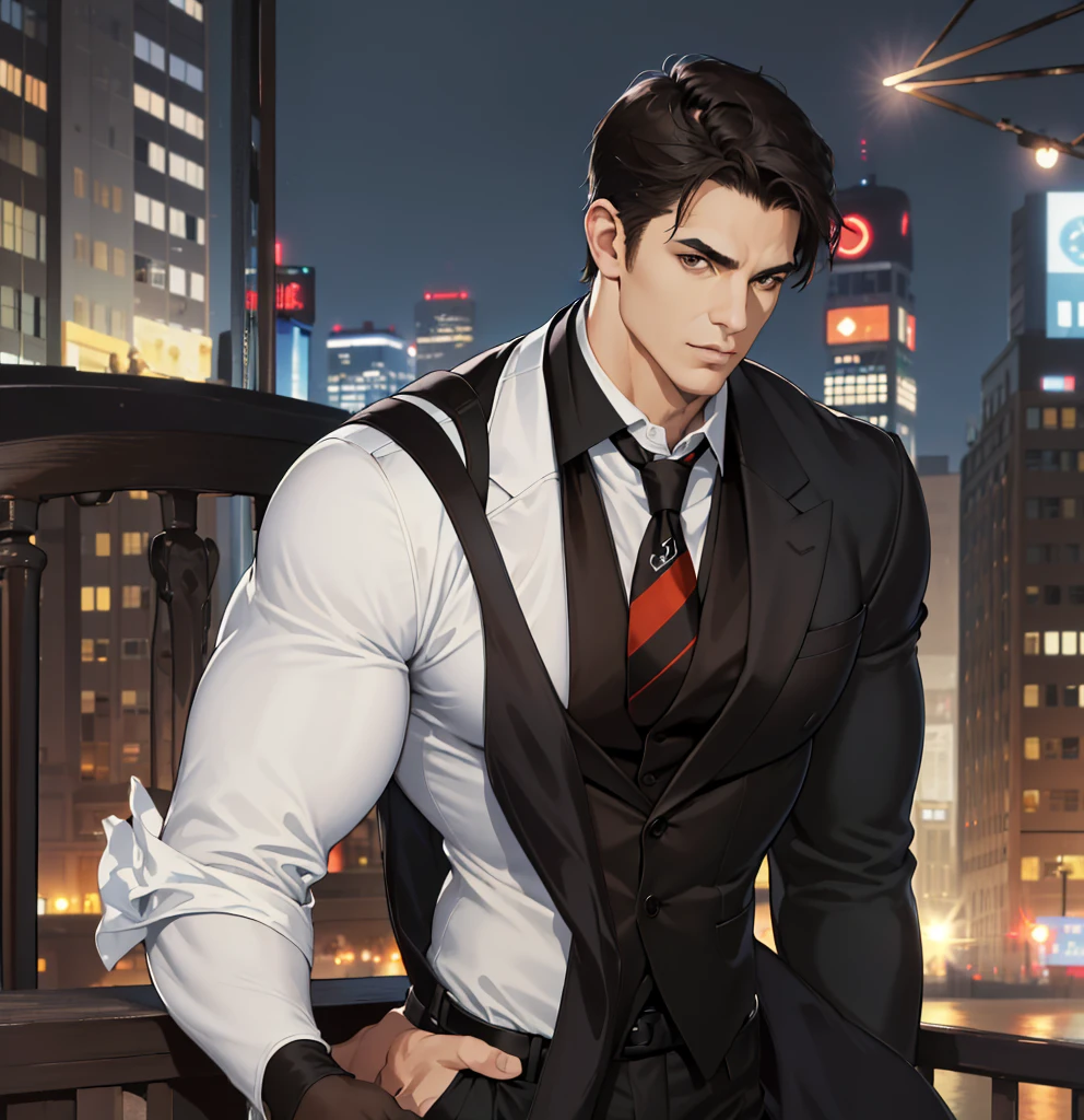 (absurdres, highres, ultra detailed, realistic, ), 1 male, solo, adult, mature, tall muscular guy, broad shoulders, handsome, very short hair, black hair, brown eyes, angular jaw, thick neck, thick eyebrows, night, dark, the night view of the city background, formal suit, necktie, upper body