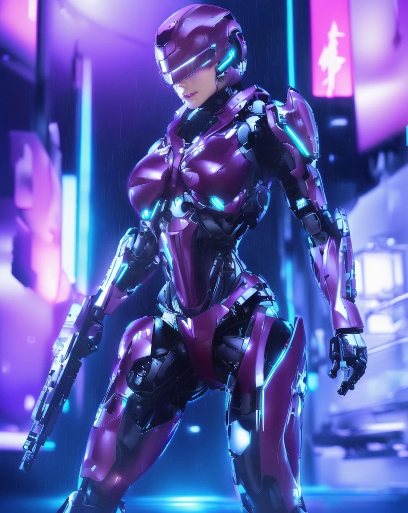城市middle穿著未來服裝和未來派武器的動漫人物,Super Detail, High Detail, high quality, best quality, High resolution,1 female robot,Beautiful female robot,beautiful clear face(Rain waves_haneame:1.5)! Catwoman, Network Package, perfect anime robot woman, European Cyberpunk, female robot body, exist《cyberpunk2077》middle, Biomechanics OPPEIN, Wearing cyber armor, female body, Actress, Sadistic Assassin, anime robot