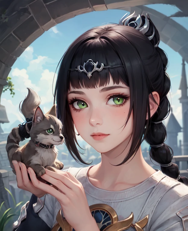 (masterpiece, best quality), 1girl, shadowheart, black hair, braided ponytail, green eyes, circlet, black pants, closeup, sketch, looking at viewer, ((green eyes)),(fantasy village on background),