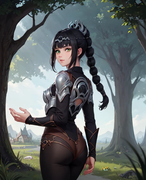 (masterpiece, best quality), 1girl, shadowheart, black hair, braided ponytail, green eyes, circlet, black pants, closeup, sketch, looking at viewer, ((green eyes)),(fantasy village on background),