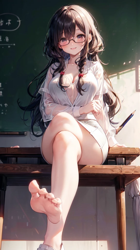 (Ultra-high resolution of the highest quality, masutepiece, Best Quality, 8K, Super Detail, Best Quality:1.3), (Anatomically correct:1.2), (1 elementary school female teacher:1.6), (large breasts:1.1), (drooping eyes:1.3), (blush cheek, blush body:1.3), (wavy hair, braid hair:1.2), (long hair:1.2), (black hair:1.2), (glasses:1.3), (white blouse, pencil skirt:1.7), (class room:1.1), front view, Extremely cute, (extremely detailed beautiful face), Authentic skin texture, beautiful hair, beautiful face, beautiful eyes, beautiful body, beautiful hands, (clothed:1.6), (aroused, naughty face, seductive smile:1.6), (hair over eyes:1.5), (looking down:1.3), (open mouth:1.2), (face focus:1.6), cleavage breasts focus, (legs focus:1.2), (from below:1.3), (Sit with legs crossed:1.6), (slouching forward:1.3), (sole of foot:1.6), (sole of foot focus:1.2)