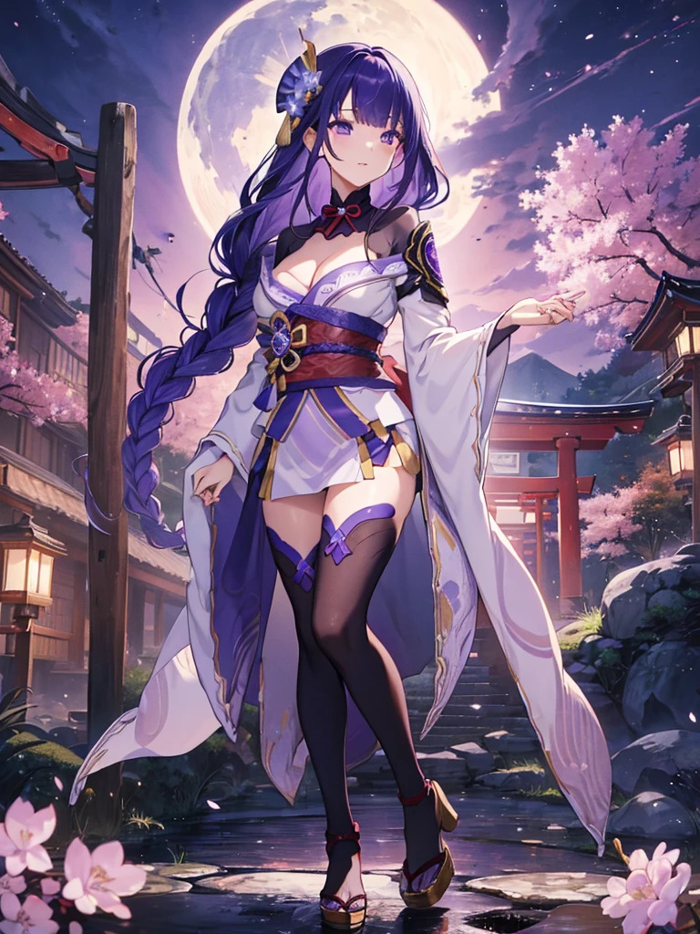 ((Full body image:1.4))Japanese Shrines, (Highest quality，Realistic,masterpiece:1.2，8k wallpaper:1.2)，((Pale skin))，One Girl，women only，((raidenshogndef))((Genshin Impact，General Raiden))，Lightning Particles，Purple Lightning，Light background，cherry blossoms，Purple Theme，Delicate facial features，Sexy and beautiful anime girls，General Raiden，Long purple hair，Rosy lips，Anime Mouth，(Very sad face)，large breasts, Beautiful cleavage,Slender figure、Thin legs
