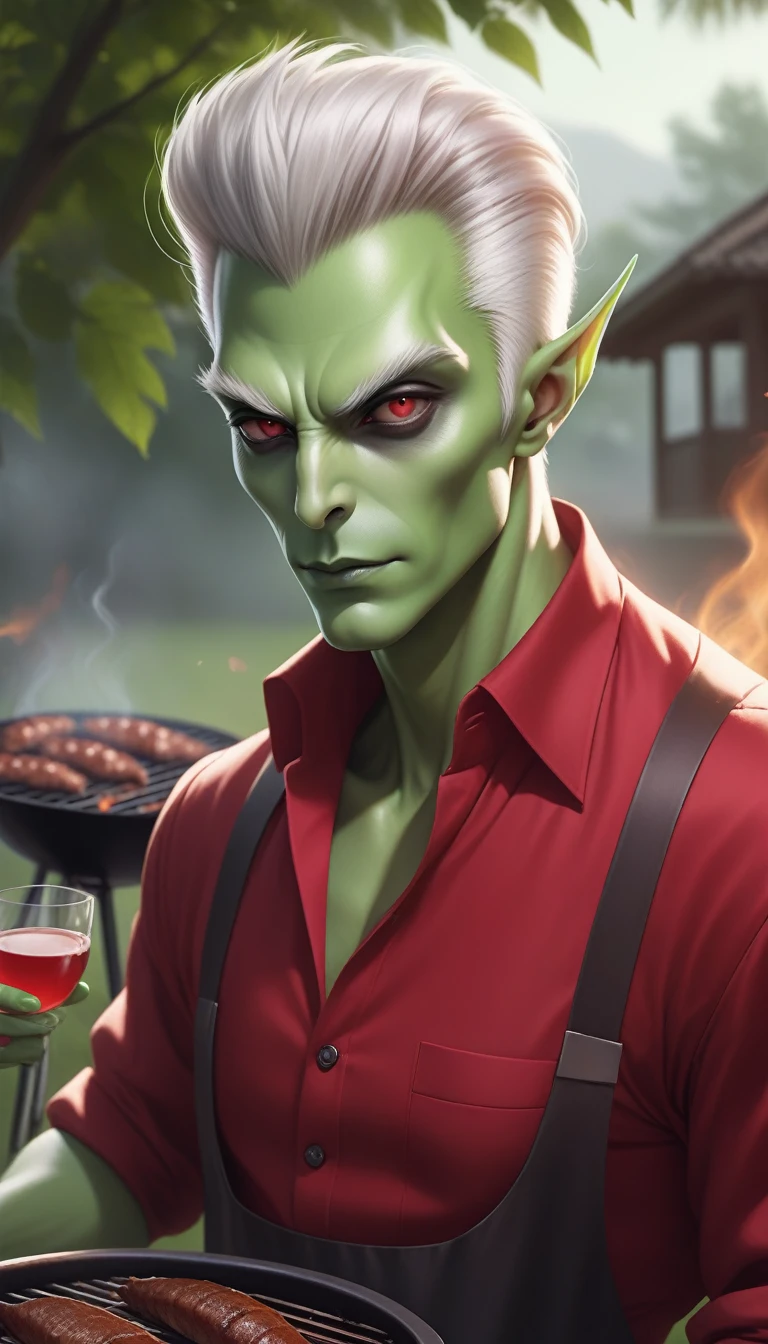A 40-year-old man on the barbecue in your backyard wearing a red blouse, alien green skin color, full dark sclera eyes, thin chin, (((white hair))) with a high quiff and back with gel and short sides, thin nose, (((full dark eyes))), alien dark eyes, 

