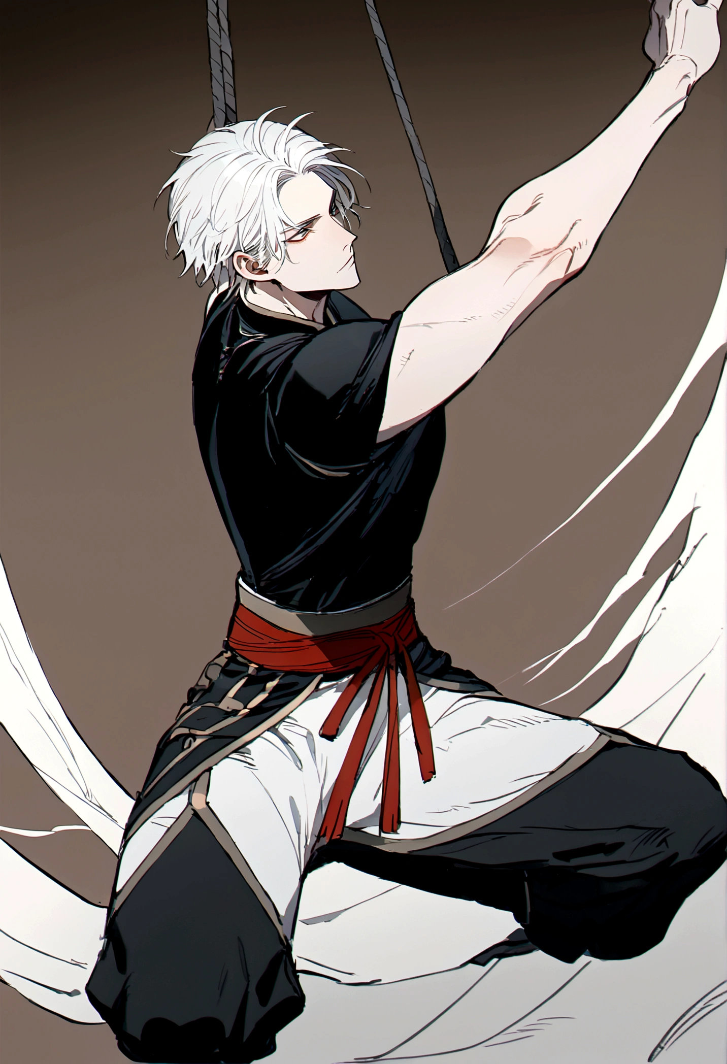 male boy white hair, black t-shirt, kung fu pants, dynamic pose, carrying a rock hanging from his back