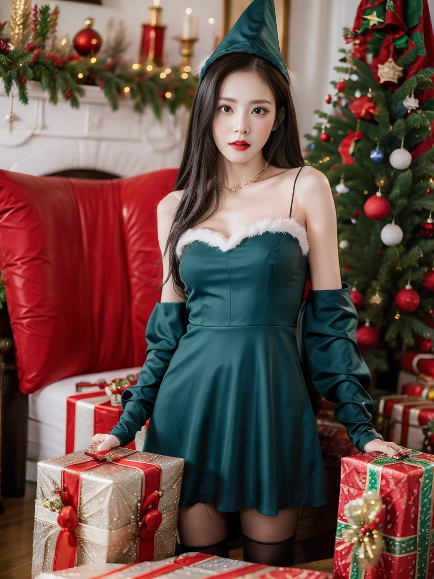 Woman wearing sexy Christmas witch costume,blue dress, luxury bedroom, blue dress,big ,หน้าอกbig,Actually,virtual