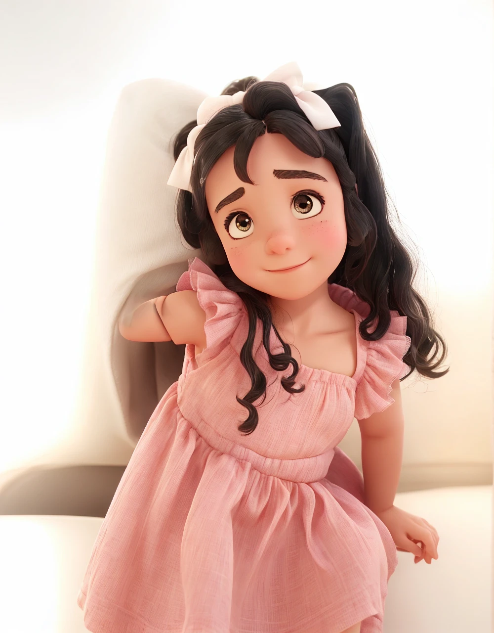 Two pony tails with white bows on the top. Black hair. Pink dress