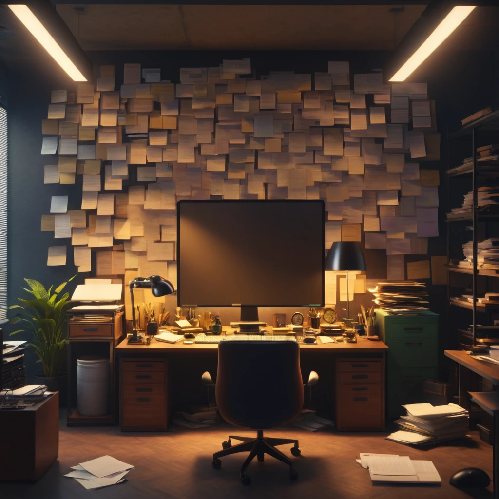 single massive form that has "Requisition Request" on it at the top. dark  cluttered Office environment. 