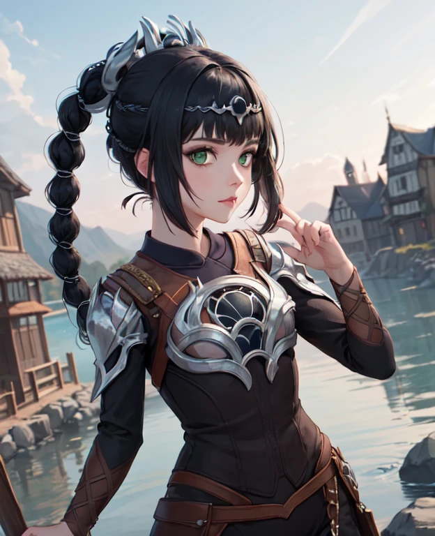 (masterpiece, best quality), 1girl, shadowheart, black hair, braided ponytail, green eyes, circlet, black pants, closeup, sketch, looking at viewer, ((green eyes)),(fantasy village on background),