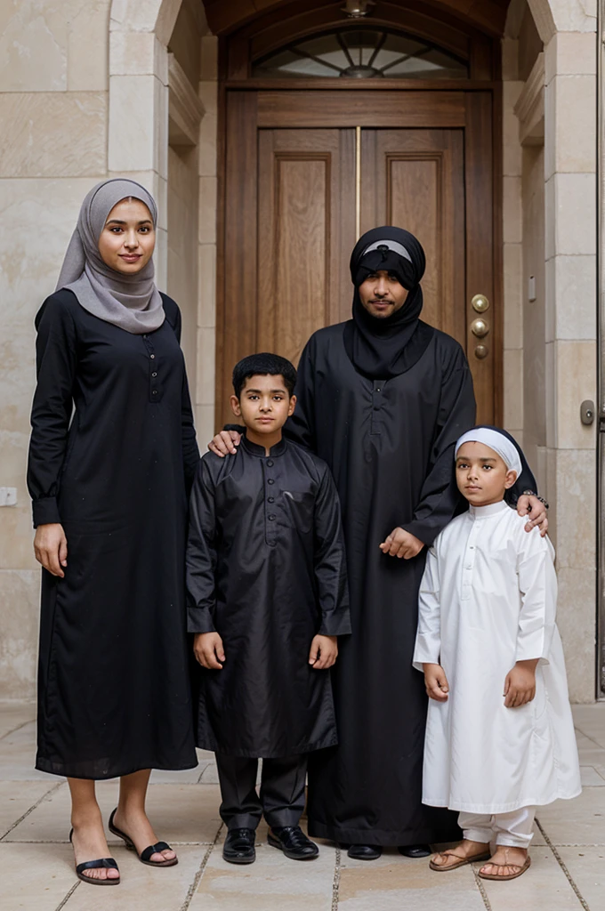 Photo of a family of 5 people dressed in Muslim clothes