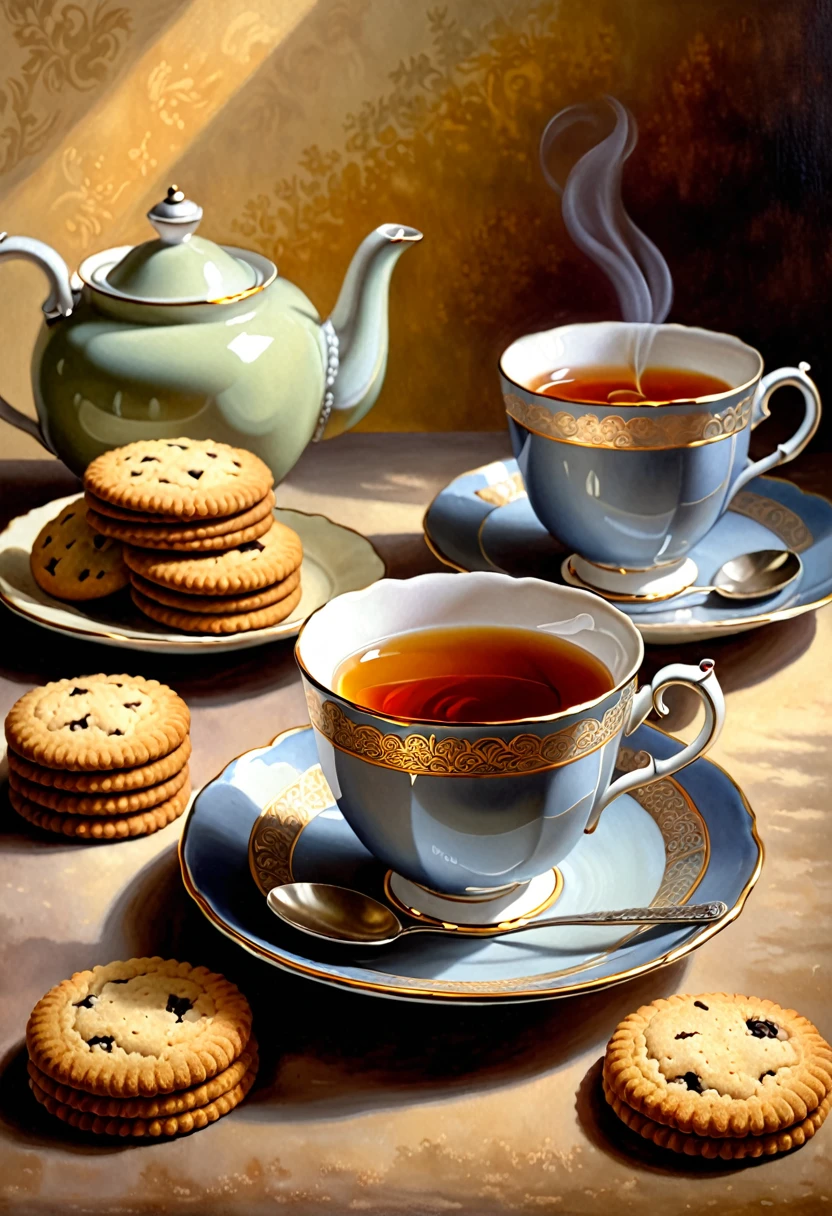 A detailed cup of tea, three cookies, oil painting on canvas, subtle steam, mild aroma, warm lighting, photorealistic, intricate details, soft textures, calming atmosphere, muted colors, natural lighting, serene, elegant, refined