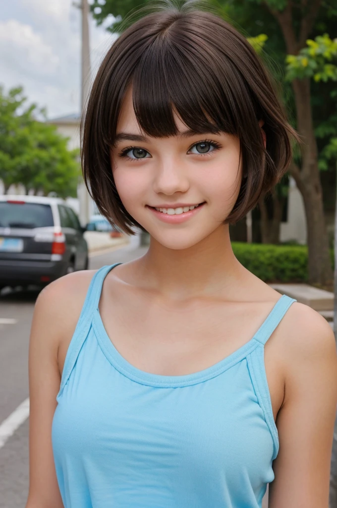 Cute  girl with cute smile and have bangs and short hair with attractive eyes focusing in the camera