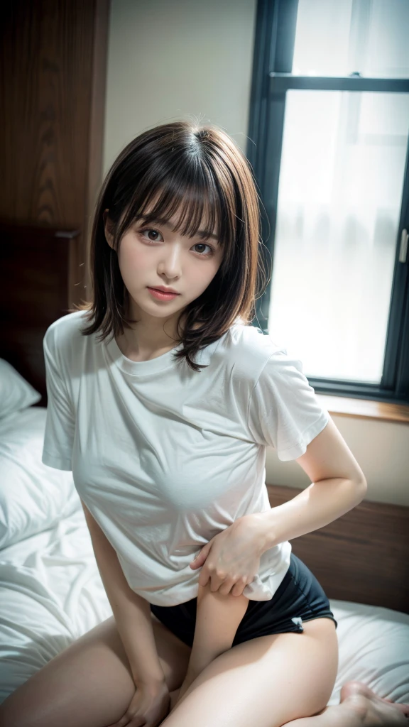 masterpiece, best quality, illustration, Super detailed, fine details, High resolution, 8K,wall paper, perfect dynamic composition,(Details High quality, realistic depiction of eyes:1.3), Oversized White T-shirt, Erotic Shorts, short bob hair, black hair color, Big Natural Color Lip, bold sexy pose, (perfect body shape), crying a little、Harajuku style、20 year old girl、cute type、ta、beautiful legs, hotel room, hposing Gravure Idol, Voluptuous thighs, (woman on top, straddling, sitting)