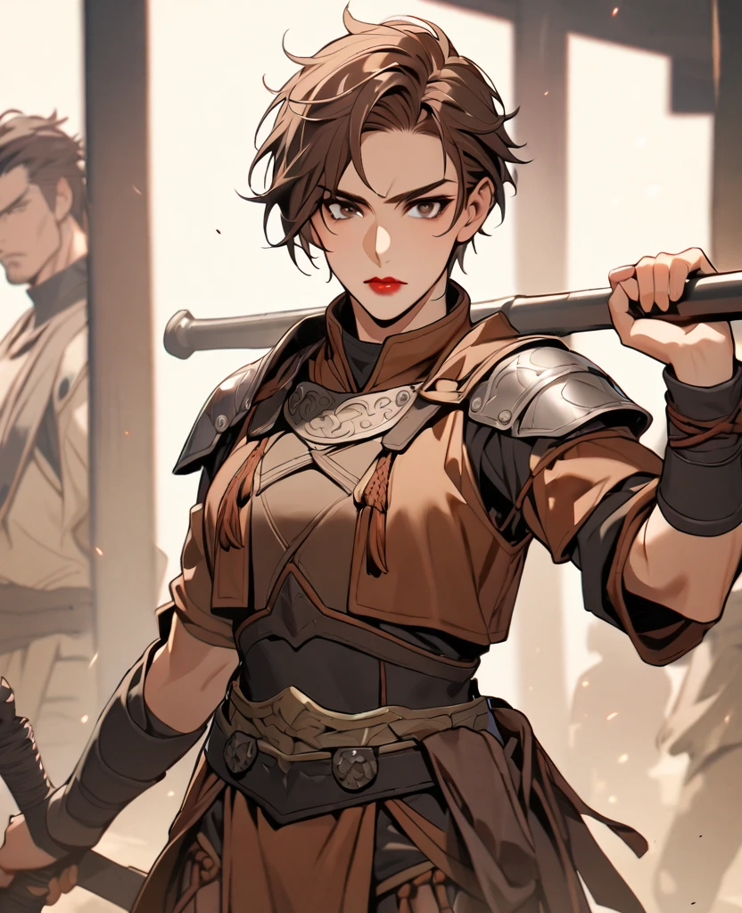 beautiful, single, 1 girl with short hair, red lips, Men's Hairstyles, brown hair, brown-black eyes, warrior outfit, Brown tone, holding a sledgehammer in hand.