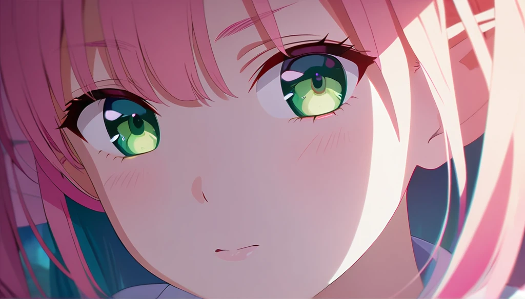 A little and cute pink and white kitsune with emerald green eyes, wearing girl's clothing, long ears and multiple pink tails, detailed portrait, beautiful face, photorealistic, high detail, vibrant colors, soft lighting, cinematic composition
