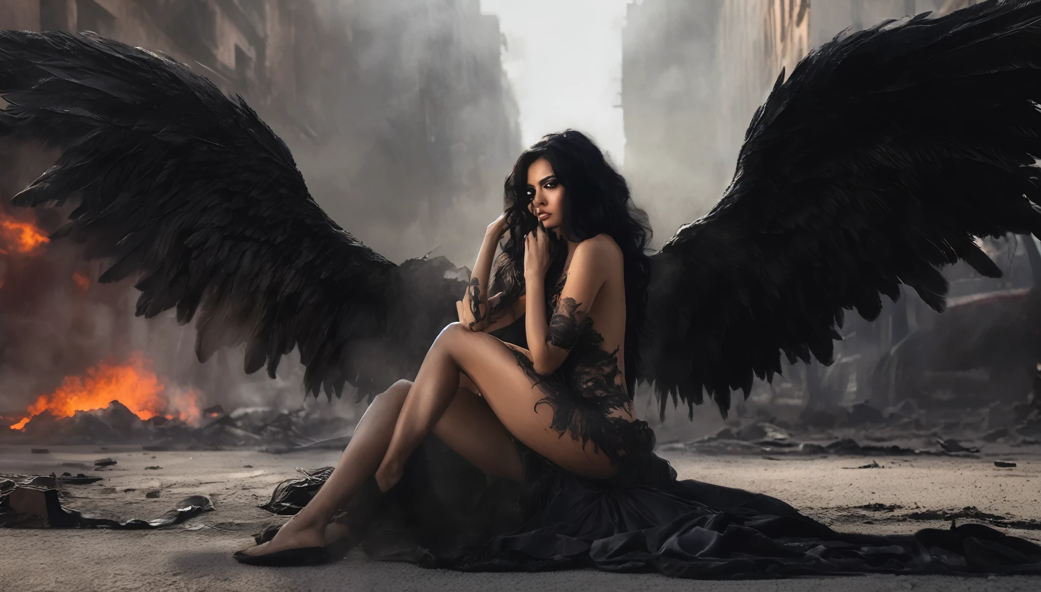 Attractive and provocative Latina woman, (Not Nude) with a fallen angel tattoo on her shoulder, and a massive nude figure, with large red and black angel wings, long flowing black hair swaying in the air, Attractive and provocative pose, pale, thin, sitting on ground and moving through the ruined streets of a burning apocalyptic city, surrounded by smoke and fog, after a great battle.