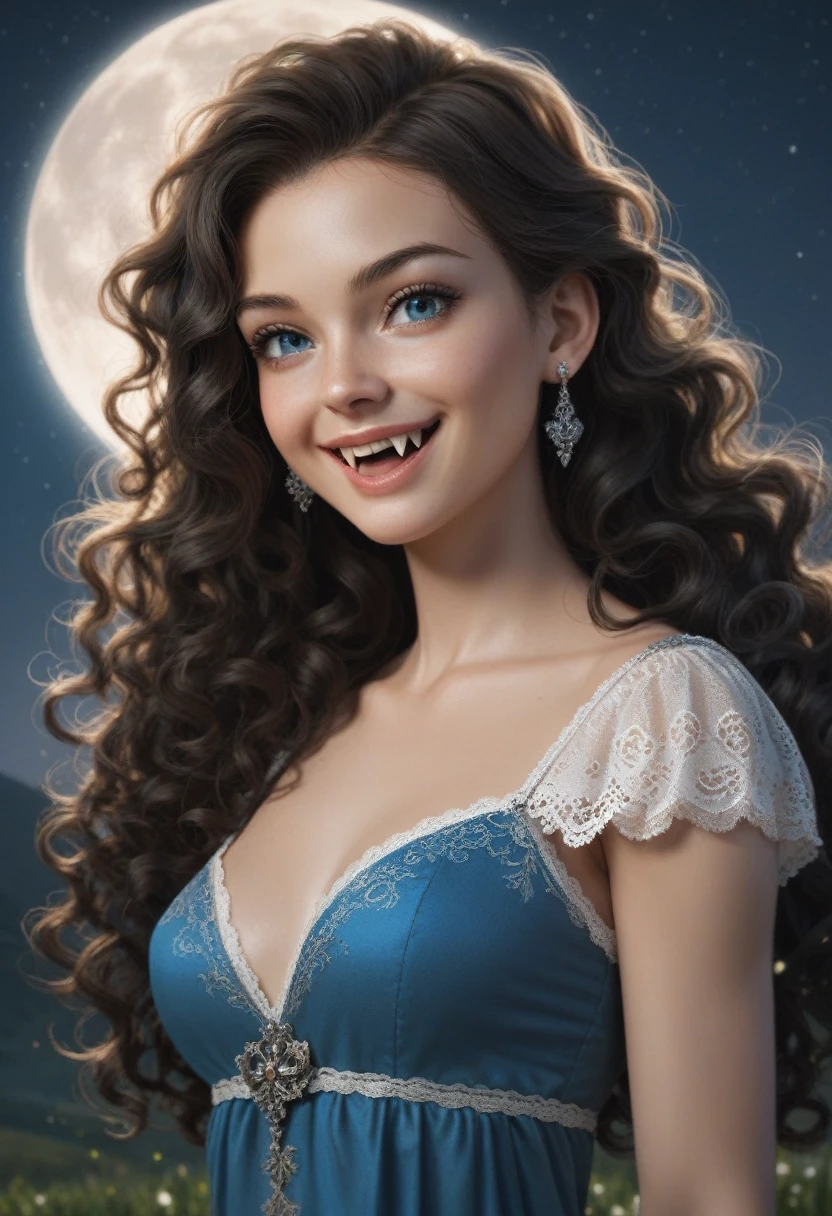 score_9, score_8_up, score_7_up, score_6_up, rating: safe, 1girl, solo, (black_hair:1.5), wavy_hair, jewelry, dress, blue_eyes, earrings, (long_hair:1.5), looking_at_viewer, curly_hair, upper_body, lips, lace, blue_dress, (night:1.3), cxqz8r, medieval_dress, medieval_landscape, fullmoon, rpg, (rape_face:1.3), narrow_waist, (skinny:1.3), (pale_skin:1.2), (fingersmile:1.4), (open_mouth:1.3), (long_fangs:1.4)