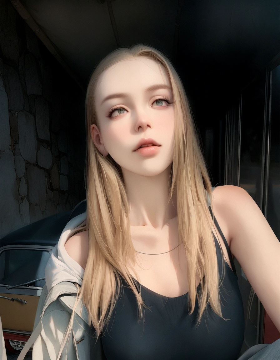 A girl with blonde hair below her shoulders is Sitting on the asphalt, and behind her is a retro car. The girl is sitting on the asphalt, leaning back against an old retro car. The girl is wearing oversized jeans, large white sneakers with untied laces and a large white hoodie.
Summer. Sunlight.
Asphalt. Road. Highway. Trees.
