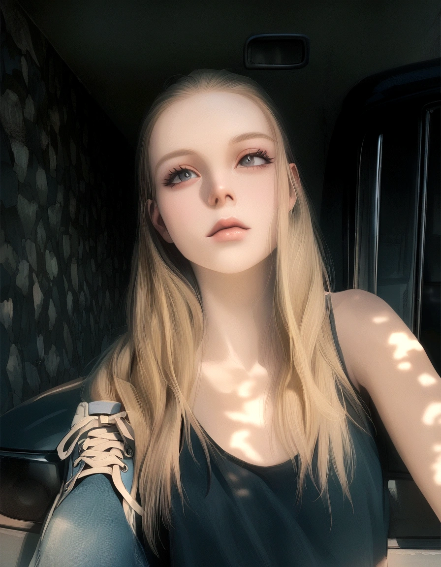 A girl with blonde hair below her shoulders is Sitting on the asphalt, and behind her is a retro car. The girl is sitting on the asphalt, leaning back against an old retro car. The girl is wearing oversized jeans, large white sneakers with untied laces and a large white hoodie.
Summer. Sunlight.
Asphalt. Road. Highway. Trees.
