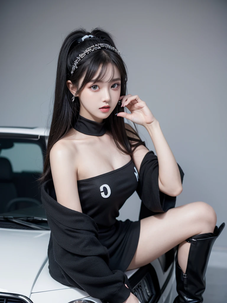 Beautiful woman wearing a dark blue dan Wearing clothes mini dress with decorations on the shirt and visible shoulders and wearing boots and being photographed with a background And being in the car while driving ,Korean style swag, beautiful face so gorgeous, Beautiful eyes, y2k style, swag style